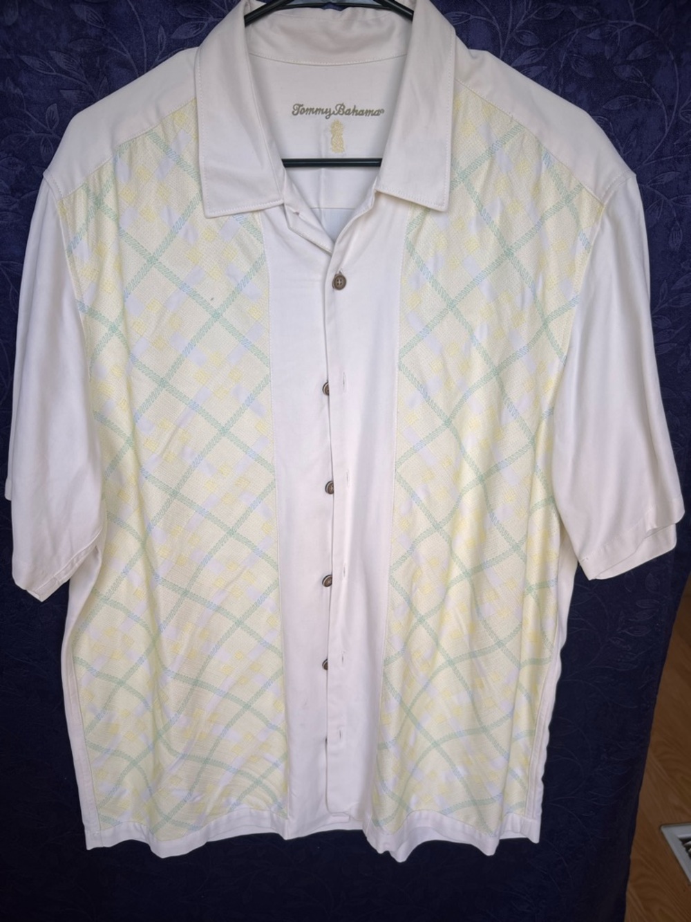 Tommy Bahama White Short-Sleeve Button Shirt with Pastel Plaid Panels